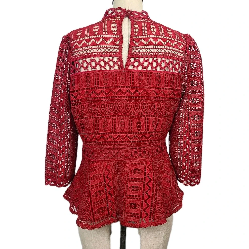 Moulinette Soeurs Anthropologie Red Crochet Lace Peplum Blouse Romantic Boho‎ 10
